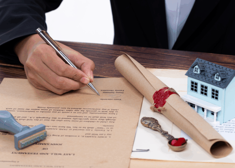 Podpisywanie dokumentu spadkowego z pieczęcią, kluczem i modelem domu – symbolizujące sprawy spadkowe i dziedziczenie.