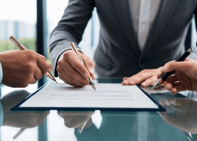Trzy osoby podpisujące dokument przy stole – symbolizujące obsługę prawną firm i sporządzanie umów.