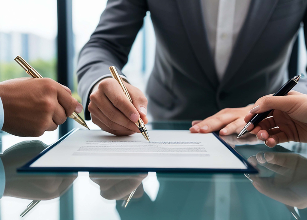 Trzy osoby podpisujące dokument przy stole – symbolizujące obsługę prawną firm i sporządzanie umów.
