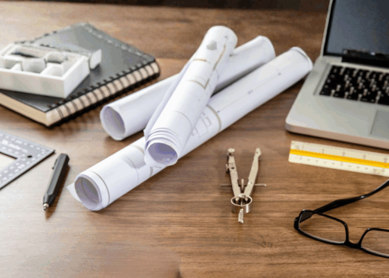 Zwoje projektów budowlanych, cyrkiel i laptop na biurku – symbolizujące sprawy administracyjne i budowlane.