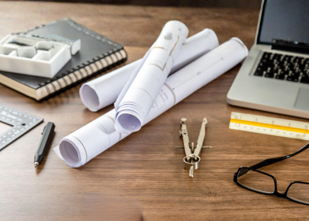 Zwoje projektów budowlanych, cyrkiel i laptop na biurku – symbolizujące sprawy administracyjne i budowlane.